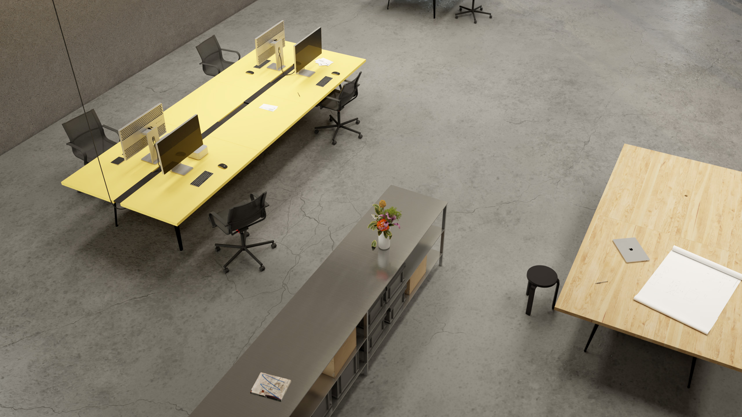 An office room with three big tables, chairs, stools and a shelf in it. top down view — © SIC